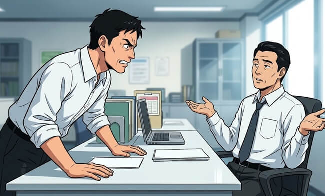 机に手をついて上司に詰め寄る男性と、両手を広げて困った顔の上司