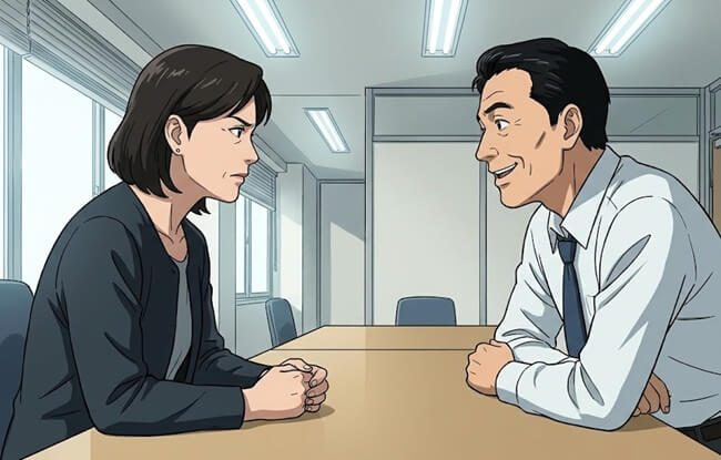 会議室で笑顔で話しかける上司と、険しい表情で向き合う女性