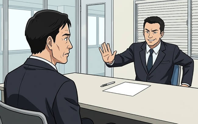 面接で手を上げて話を遮る面接官と、戸惑う応募者