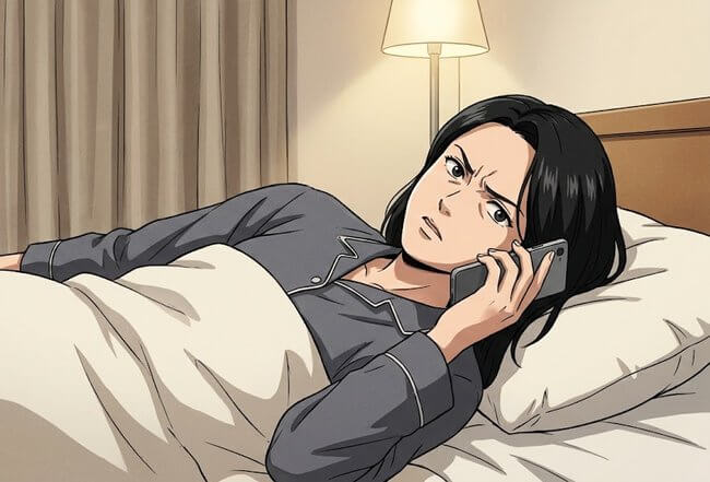 ベッドで横になり、顔をしかめながら電話に出る女性