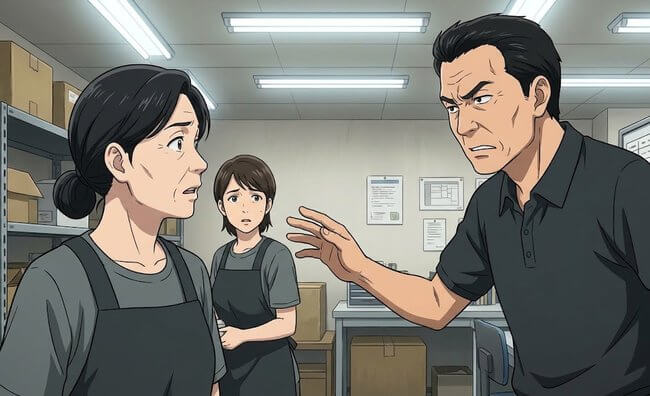 作業場で手を払うようにして怒る上司と、驚くエプロン姿の女性たち