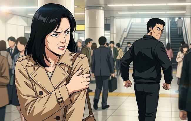 駅の構内で腕を押さえて顔をしかめる女性と、振り返る黒い上着の男性