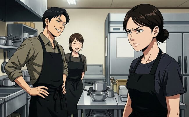 飲食店の厨房でにやにや笑う男性店員と、怒った表情で前を向くエプロン姿の女性