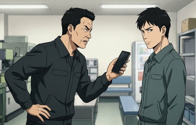 工場の休憩所でスマートフォンを突き出して詰め寄る男性と、不満げな表情の若い男性