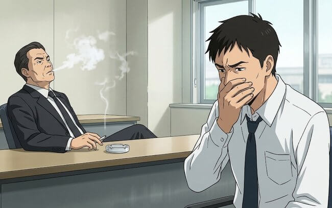 オフィスでくつろいでたばこを吸う上司と、口元を手で覆って顔をしかめる男性社員