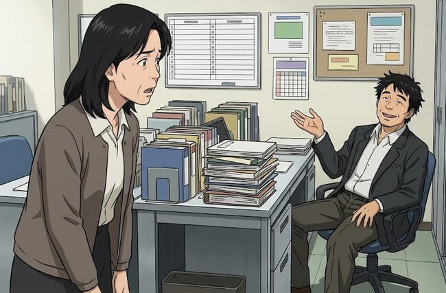 職場で困惑した表情を浮かべる女性と、椅子にもたれて笑いながら手を振る男性社員